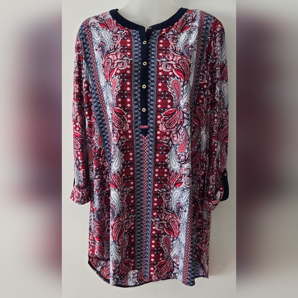 Nygard Ladies Tunic Sz Large 3/4 Rolltab Sleeves Paisley Print Euc